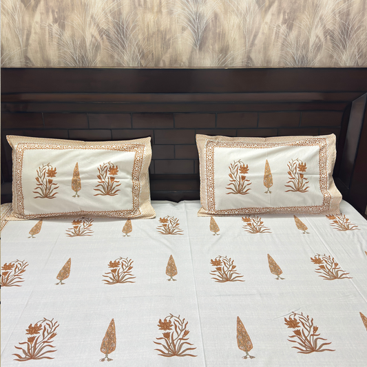 Elegant White-Brown Printed Bedsheet Set- King size White and Brown
