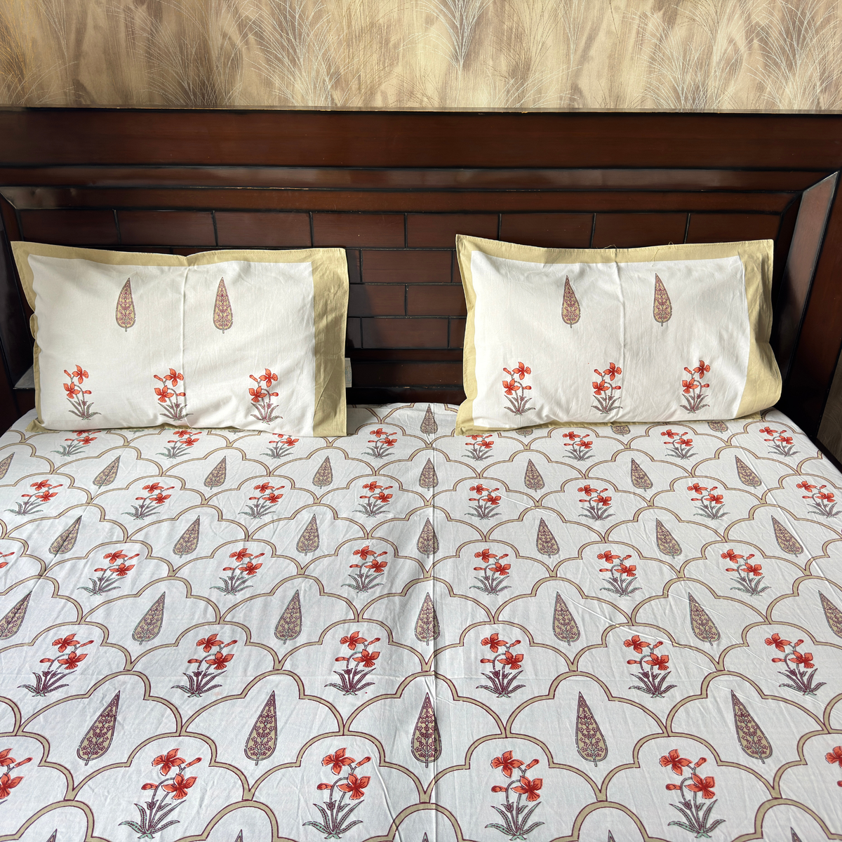 Elegant White- Deep Orange & Beige Bedsheet Set- Super King size