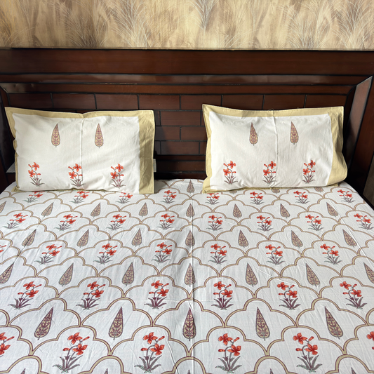 Elegant White- Deep Orange & Beige Bedsheet Set- Super King size