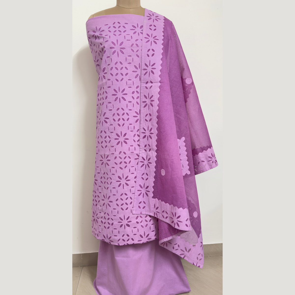 3 pcs Cotton Applique Suit Set 1 - Lavender