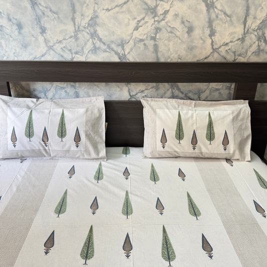 Elegant Off White- Green Brown Bedsheet Set- Super King size