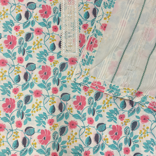 Floral Cotton Suit Set with Embellished Neckline & Organza Dupatta