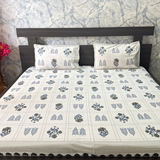 Elegant Ivory-Indigo Printed Bedsheet Set- Super King size Ivory, Indigo & Charcoal