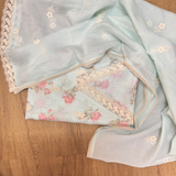 Pastel Blue Linen Jute Cotton Suit Set with Embroidered Dupatta