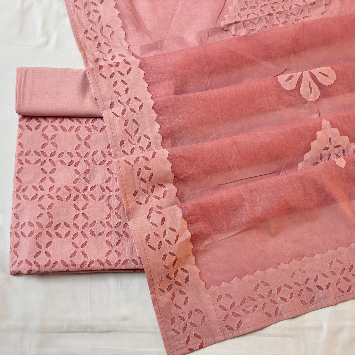 3 Pcs Cotton Applique Suit Set - Pinkish Peach