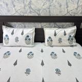 Elegant Ivory-Blue Green Bedsheet Set- Super King size Ivory, Blue & Green