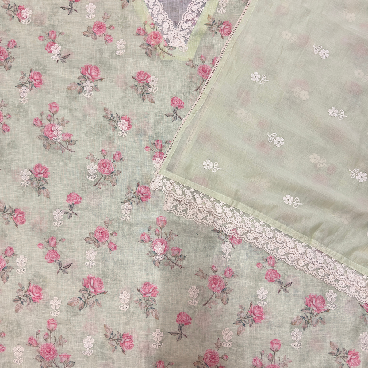 Pastel Mint Linen Jute Cotton Suit Set with Embroidered Dupatta