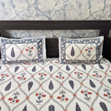 Elegant Ivory-Blue Green Bedsheet Set- Super King size Ivory, Blue & Green