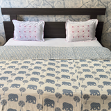 Reversible Cotton Double Bed Dohar- Sky Blue Elephant