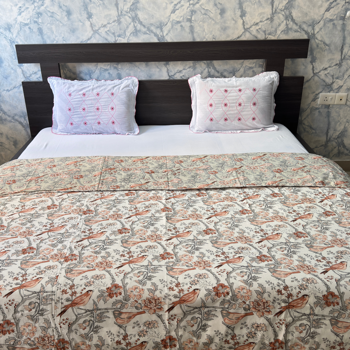 Reversible Cotton Double Bed Dohar- Peach Bird