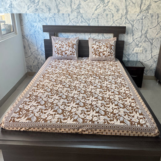 Premium Floral Double Bed Bedsheet with 2 Pillow Covers: Leaf and flower jaal print Brown