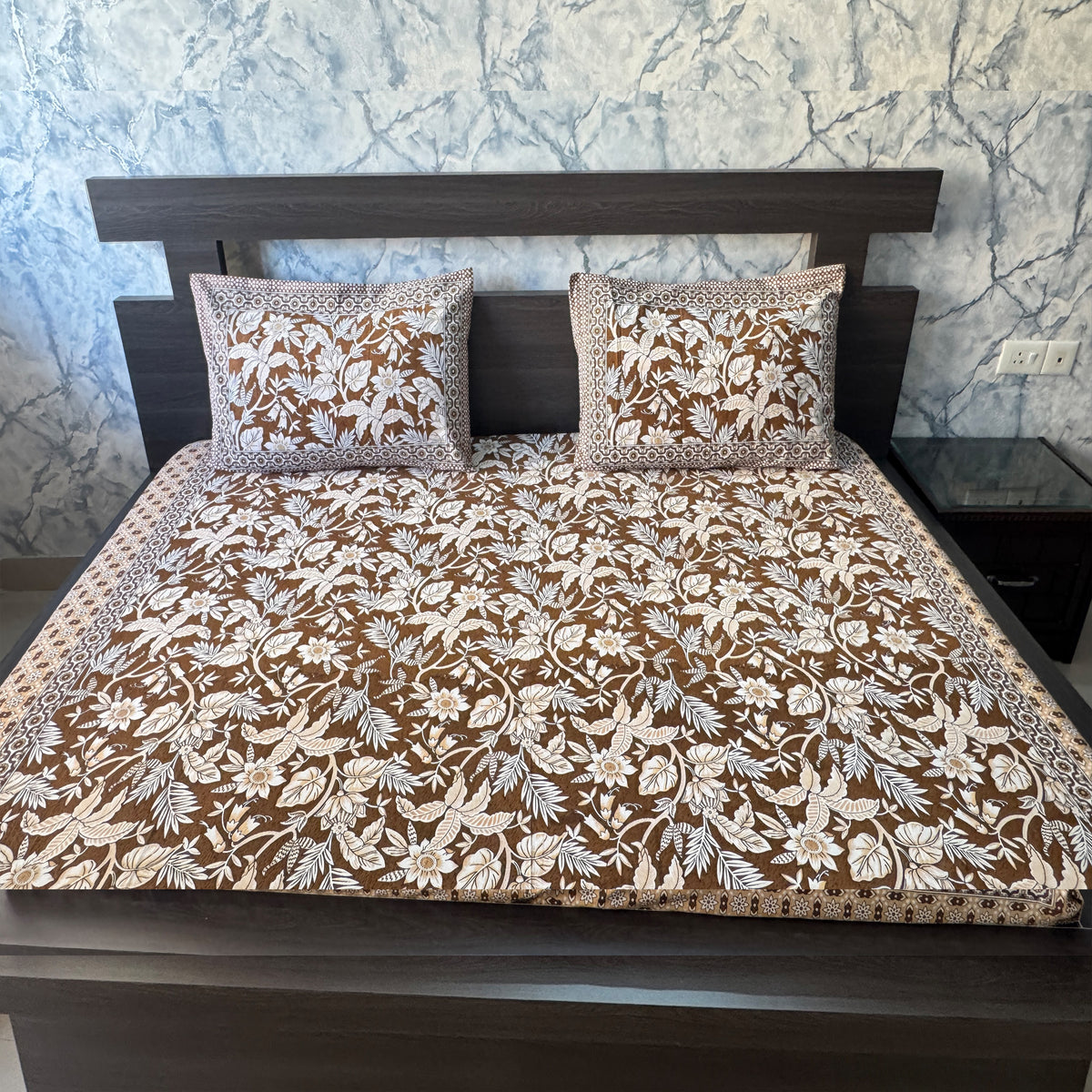Premium Floral Double Bed Bedsheet with 2 Pillow Covers: Leaf and flower jaal print Brown