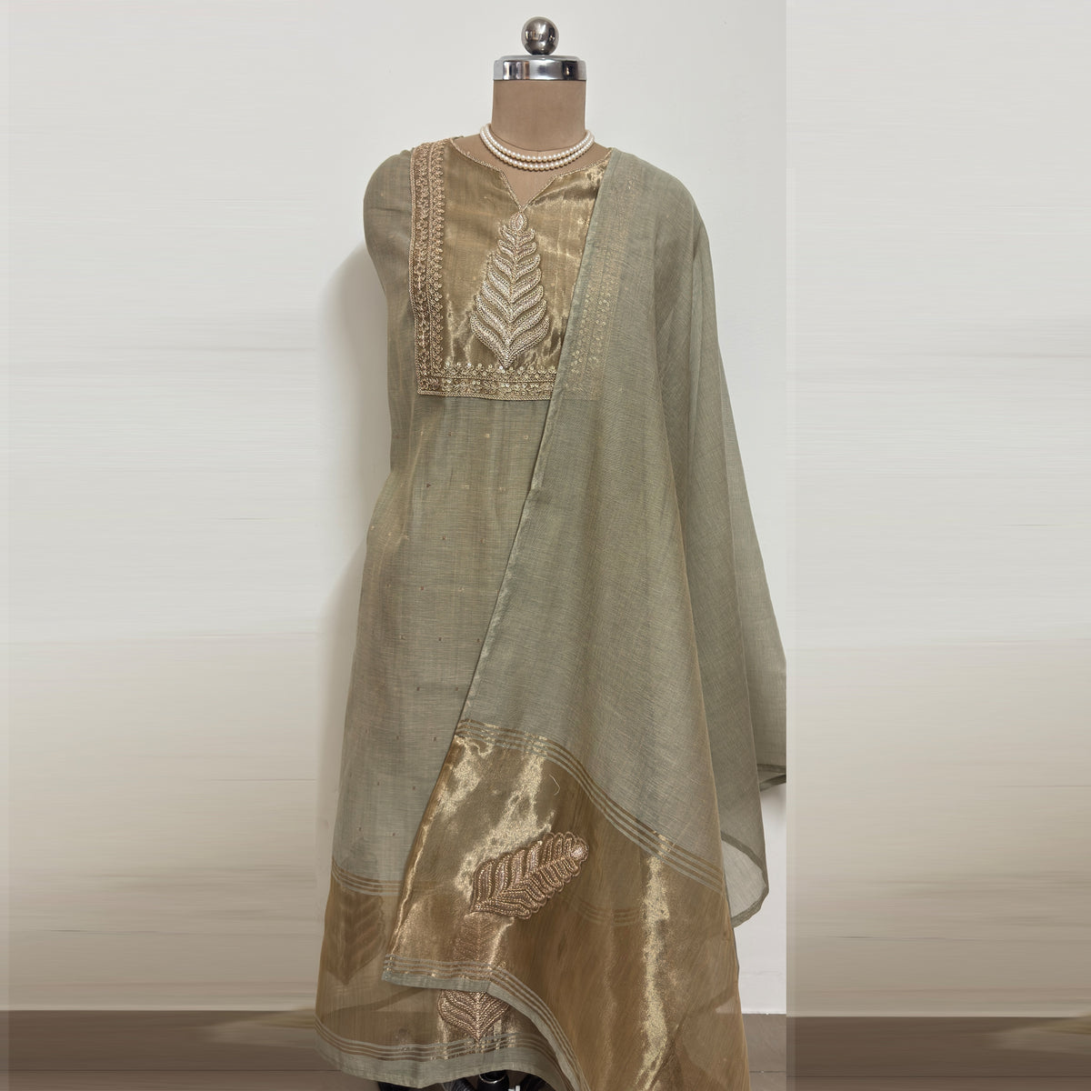 Elegant Green Gold Embroidered Suit Set