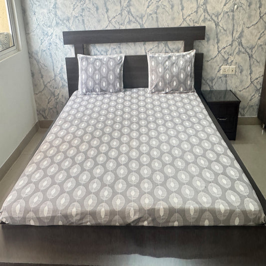 Premium Cotton Double Bed Bedsheet with 2 Pillow Covers: Leaf pattern print Grey