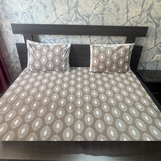 Premium Cotton Double Bed Bedsheet with 2 Pillow Covers: Leaf pattern print Beige