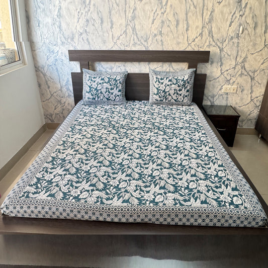 Premium Floral Double Bed Bedsheet with 2 Pillow Covers: Leaf and flower jaal print Teal Blue