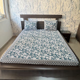 Premium Floral Double Bed Bedsheet with 2 Pillow Covers: Leaf and flower jaal print Teal Blue