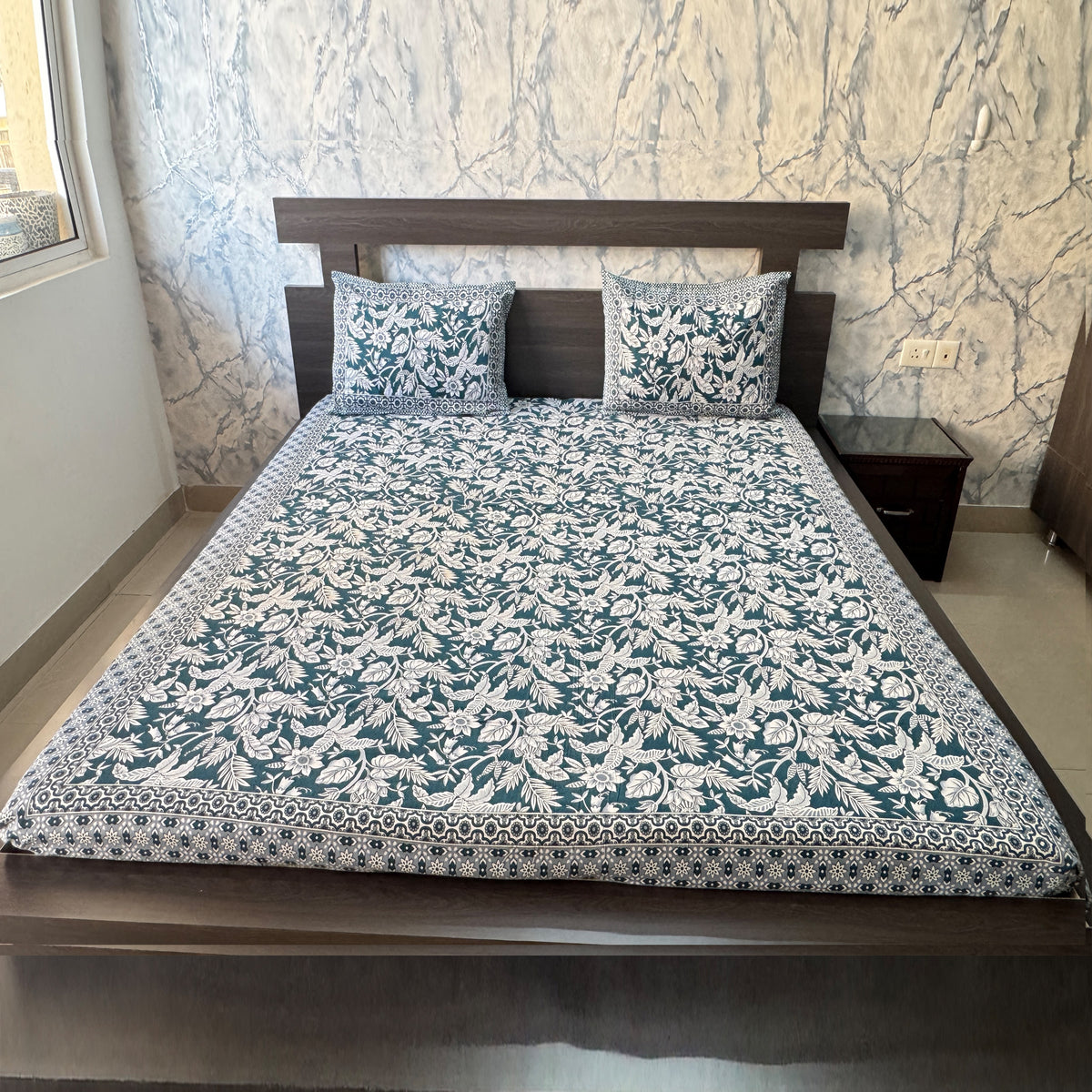 Premium Floral Double Bed Bedsheet with 2 Pillow Covers: Leaf and flower jaal print Teal Blue