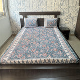 Premium Floral Double Bed Bedsheet with 2 Pillow Covers: Floral print Teal Blue