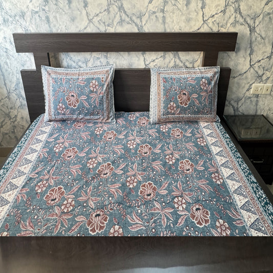 Premium Floral Double Bed Bedsheet with 2 Pillow Covers: Floral print Teal Blue