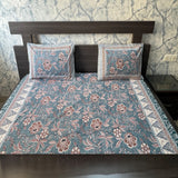Premium Floral Double Bed Bedsheet with 2 Pillow Covers: Floral print Teal Blue