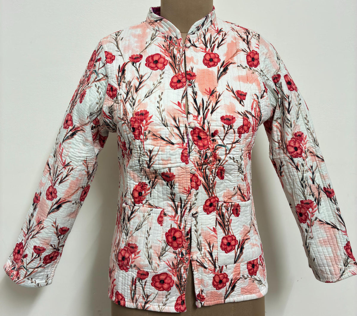 Reversible Jaipuri Cotton Quilted Jackets (Full Sleeves)—Off White with Peach Orange Floral Print