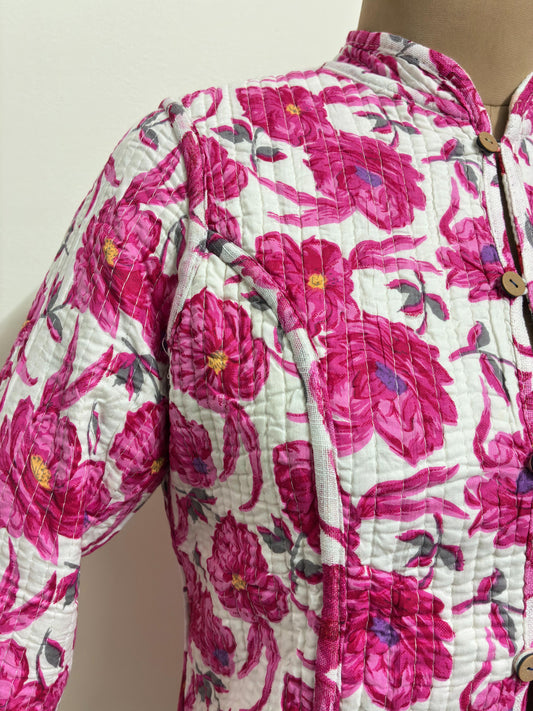Reversible Jaipuri Cotton Quilted Jackets (Full Sleeves)—Off White with Peach Orange Floral Print