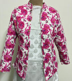 Reversible Jaipuri Cotton Quilted Jackets (Full Sleeves)—Off White with Peach Orange Floral Print