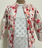 Reversible Jaipuri Cotton Quilted Jackets (Full Sleeves)—Off White with Peach Orange Floral Print