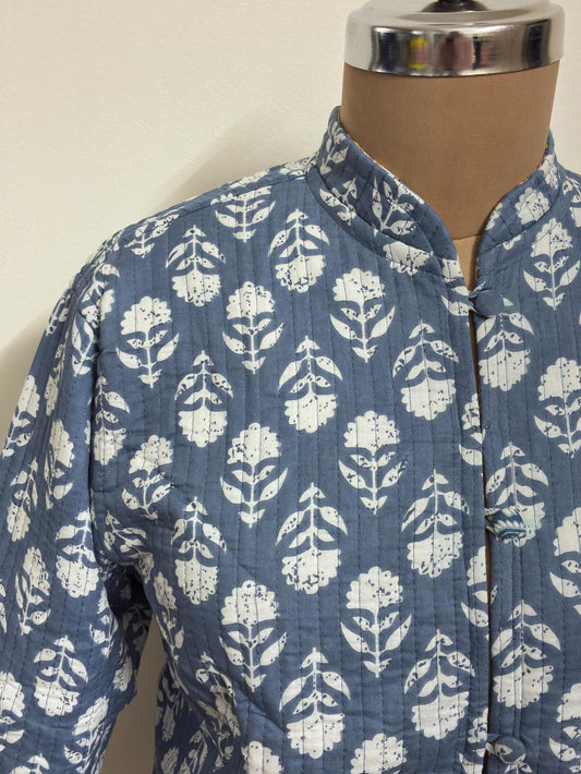 Reversible Jaipuri Cotton Quilted Jackets (Full Sleeves)—Muted Blue with Yellow