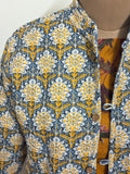 Reversible Jaipuri Cotton Quilted Jackets (Full Sleeves)—Muted Blue with Yellow
