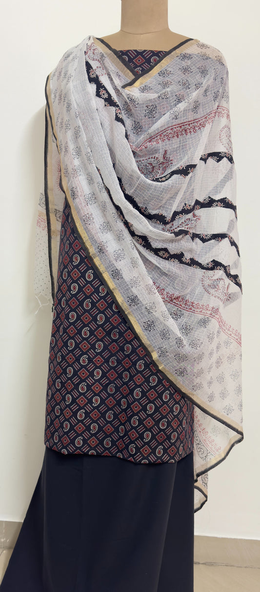 Block Print 3Pc Cotton Suit with Kota Doria Dupatta  1- Black