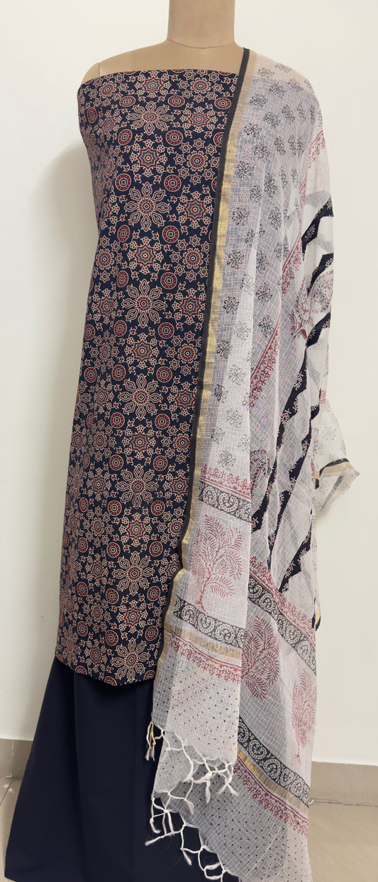 Ajrakh Flower Print 3Pc Cotton Suit with kota Doria Dupatta  1- Black
