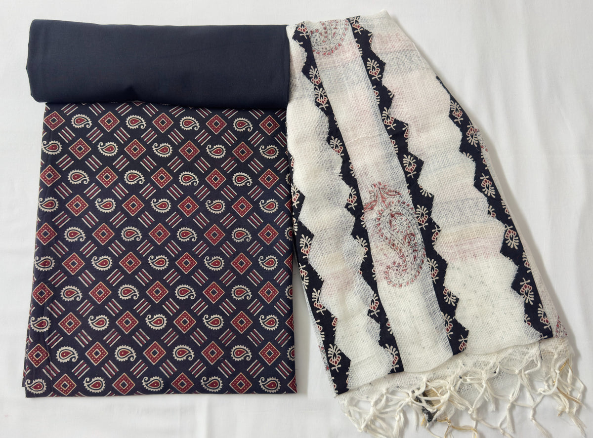 Block Print 3Pc Cotton Suit with Kota Doria Dupatta  1- Black
