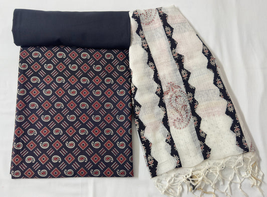 Block Print 3Pc Cotton Suit with Kota Doria Dupatta  1- Black
