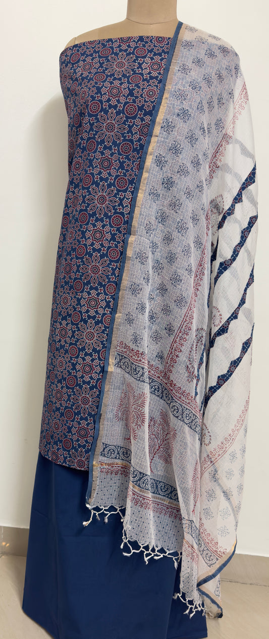 Ajrakh Flower Print 3Pc Cotton Suit with kota Doria Dupatta  1- Indigo Blue