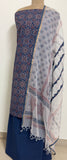 Ajrakh Flower Print 3Pc Cotton Suit with kota Doria Dupatta  1- Indigo Blue