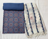 Ajrakh Flower Print 3Pc Cotton Suit with kota Doria Dupatta  1- Indigo Blue