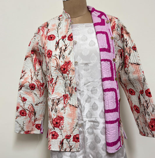 Reversible Jaipuri Cotton Quilted Jackets (Full Sleeves)—Off White with peach orange floral print and Pink