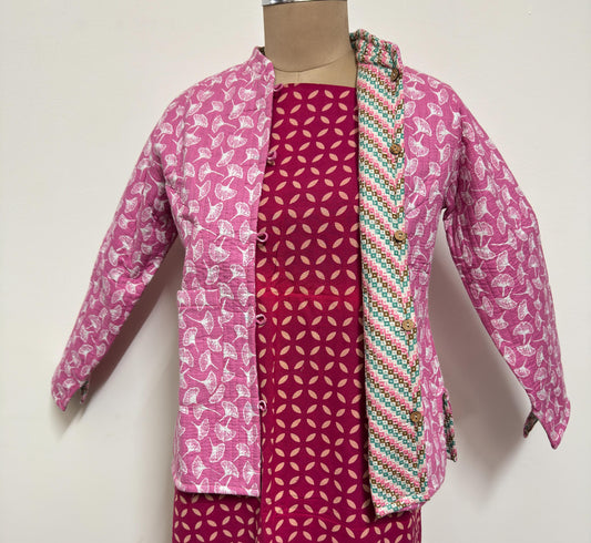 Reversible Jaipuri Cotton Quilted Jackets (Full Sleeves)- Pink with Off white