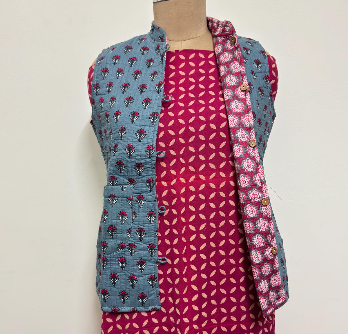 Reversible Jaipuri Cotton Quilted Jackets (Without Sleeves) Greyish Blue and Pink