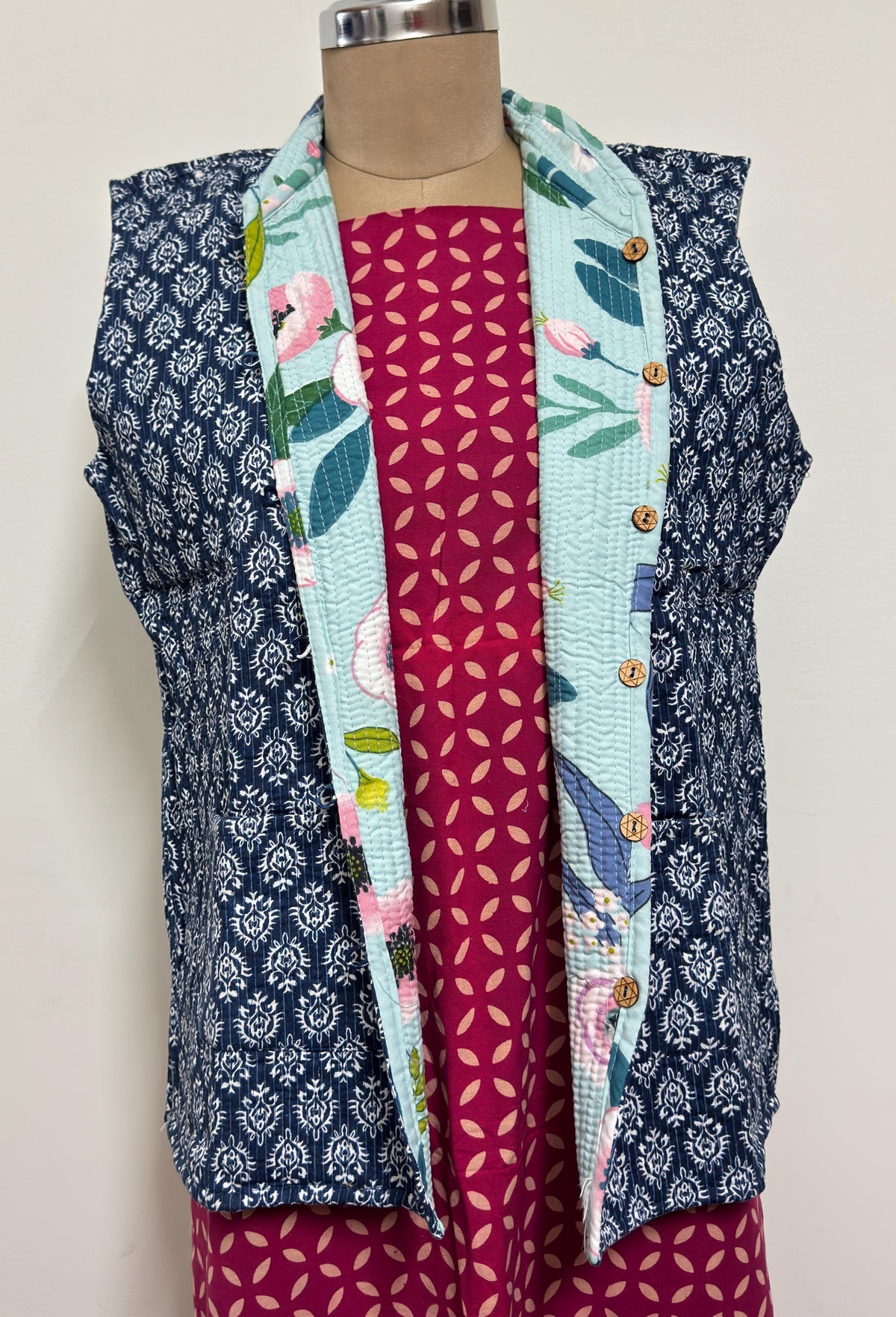 Reversible Jaipuri Cotton Quilted Jackets (Without Sleeves) Indigo and Aqua Blue