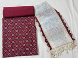 Ajrakh Flower Print 3Pc Cotton Suit with kota Doria Dupatta  1- Maroon