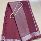 Deep Wine Cotton Linen Saree with Silver Zari Border