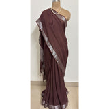 Chocolate Brown Cotton Linen Saree with Silver Zari Border